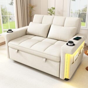 Schlafsofa aus Chenille beige mit LED 145x90x142cm Stoff Beige Hauss Spole Sofas und Sessel Sofas Sitzbank und Polsterbank