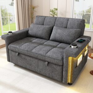 Schlafsofa 2-Sitzer aus Chenille grau mit LED und USB/Type-C 145x90x142cm Stoff Grau Hauss Spole Sofas und Sessel Sofas Sitzbank und Polsterbank