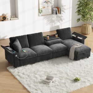 Ecksofa mit Schlaffunktion aus Chenille grau 280x84x137cm Stoff Grau Hauss Spole Sofas und Sessel Sofas Ecksofas