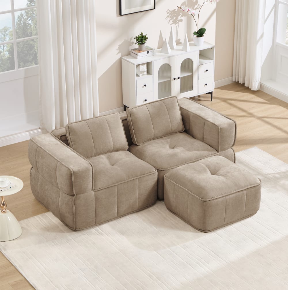 Modulares Ecksofa aus Polyester sand mit Hocker 198x67x162cm PES - Polyester Beige Hauss Spole Sofas und Sessel Sofas Modulare Sofas