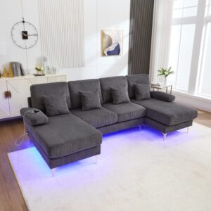 U-Form-Sofa aus Samt grau mit LED und USB-Anschluss 265x88x135cm PES - Polyester Grau Hauss Spole Sofas und Sessel Sofas Ecksofas