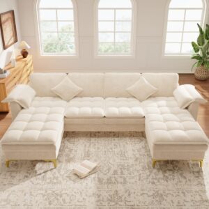 U-Sofa 4-Sitzer aus Chenille beige mit Kissen 262x86x134cm PES - Polyester Beige Hauss Spole Sofas und Sessel Sofas Wohnlandschaften
