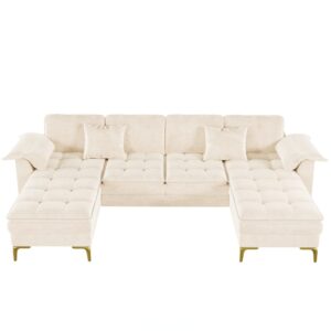 Wohnli Möbelsuche - U-Sofa 4-Sitzer aus Chenille beige mit Kissen