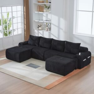 wohnli-moebel-suche-M26190680-1 4-Sitzer Modulsofa aus Cord mit Cupholder und Tasche 333x174x80 cm 333x80x174cm PES - Polyester Schwarz Hauss Spole Sofas und Sessel Sofas Wohnlandschaften