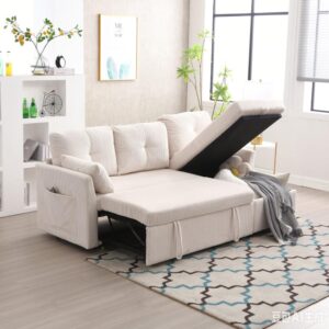 Schlafsofa aus Cord beige mit Stauraum 206x88x108cm PES - Polyester Beige Hauss Spole Sofas und Sessel Sofas Sitzbank und Polsterbank
