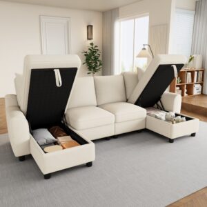 wohnli-moebel-suche-M26192451-1 U-Form-Sofa aus Chenille beige mit Stauraum 280x84x137cm Stoff Beige Hauss Spole Sofas und Sessel Sofas Modulare Sofas