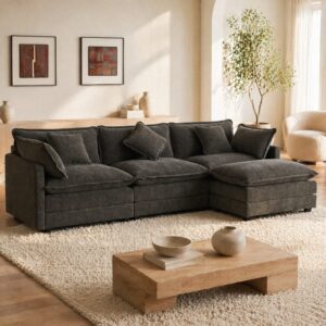 3-Sitzer-Sofa aus Chenille dunkelgrau mit beweglichem Hocker 283x84x147cm Stoff Grau Hauss Spole Sofas und Sessel Sofas Modulare Sofas