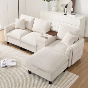 wohnli-moebel-suche-M26192454-1 Modulares Ecksofa aus Cordstoff beige mit Konsole 229x83x150cm Samt Beige Hauss Spole Sofas und Sessel Sofas Modulare Sofas