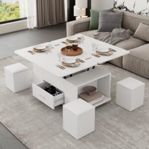 wohnli-moebel-suche-M26192472-1 Couchtisch höhenverstellbar aus Spanplatte weiß mit 4 Hockern 100x45x50cm Spanplatte Weiß Hauss Spole Möbel Wohnzimmermöbel Couchtische