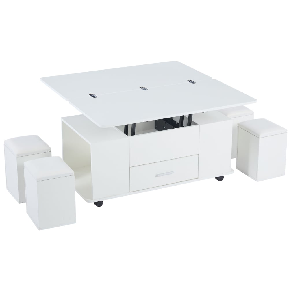wohnli-moebel-suche-M26192472 Wohnli Möbelsuche - Couchtisch höhenverstellbar aus Spanplatte weiß mit 4 Hockern