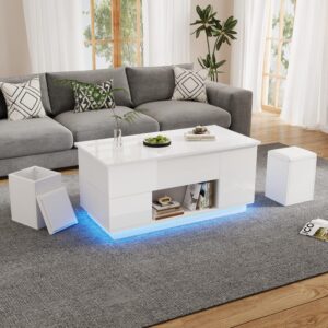wohnli-moebel-suche-M26192485-1 Couchtisch höhenverstellbar mit LED und 2 Hockern weiß 100x45x50cm Spanplatte Weiß Hauss Spole Möbel Wohnzimmermöbel Couchtische
