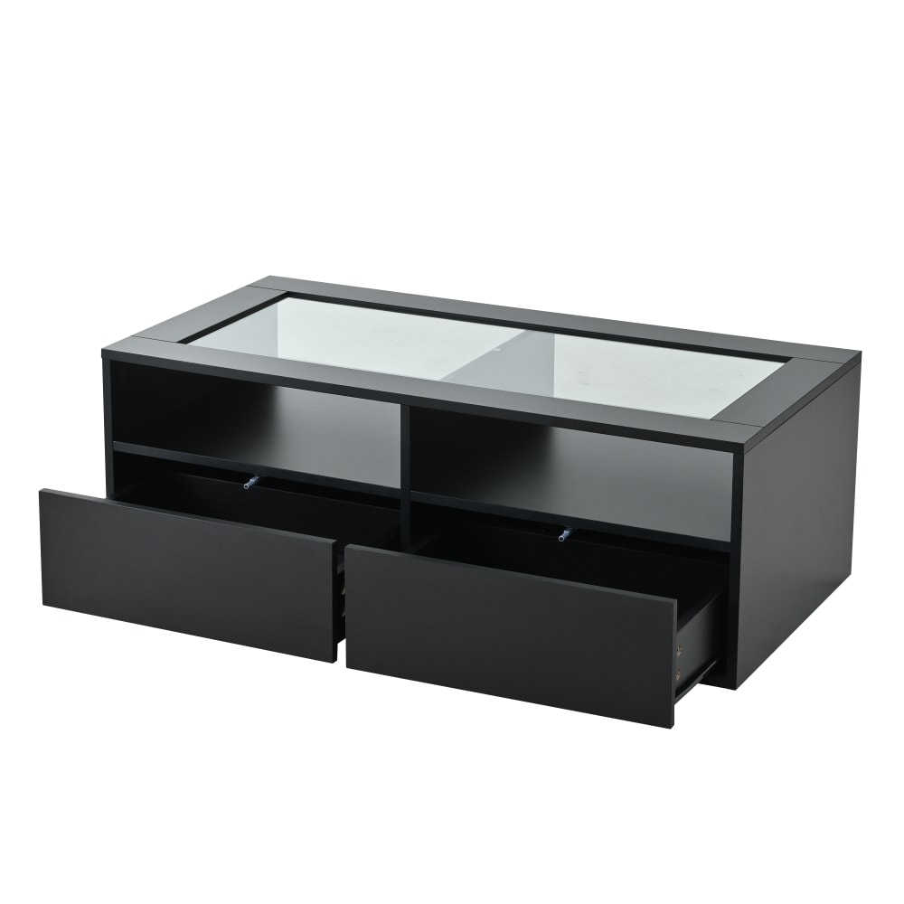 Wohnli Möbelsuche - Couchtisch aus Glas und Spanplatte schwarz mit LED-Beleuchtung