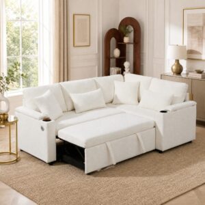 wohnli-moebel-suche-M26192507-1 Ecksofa aus Chenille beige mit Ausziehfunktion 207x86x141cm Stoff Beige Hauss Spole Sofas und Sessel Sofas Sitzbank und Polsterbank