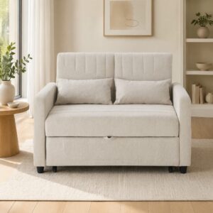 Schlafsofa 2-Sitzer aus Baumwoll-Leinen beige 114x83x77cm PES - Polyester Beige Hauss Spole Sofas und Sessel Sofas Sitzbank und Polsterbank