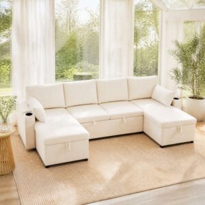 wohnli-moebel-suche-M26192533-1 Schlafsofa in U-Form aus Chenille und Cord beige 272x84x131cm Stoff Beige Hauss Spole Sofas und Sessel Sofas Sitzbank und Polsterbank