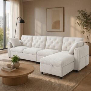 wohnli-moebel-suche-M26192538-1 Ecksofa mit Schlaffunktion und Stauraum aus Samt beige 281x86x132cm PES - Polyester Beige Hauss Spole Sofas und Sessel Sofas Ecksofas