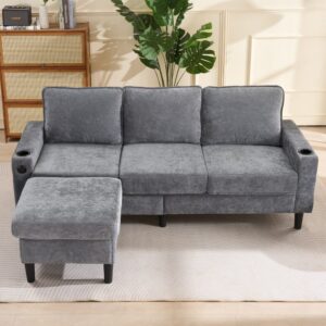 wohnli-moebel-suche-M26192542-1 Ecksofa aus Leinen grau mit USB- und Typ-C-Anschlüssen 202x80x137cm Leinen Grau Hauss Spole Sofas und Sessel Sofas Ecksofas