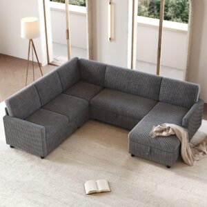 wohnli-moebel-suche-M26192555-1 U-Form-Eckschlafsofa aus Cordstoff grau 274x85x220cm Samt Grau Hauss Spole Sofas und Sessel Sofas Wohnlandschaften