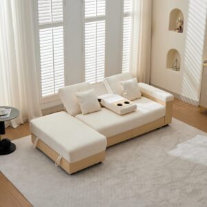 wohnli-moebel-suche-M26192568-1 Schlafsofa aus Chenille beige mit Stauraum 217x90x110cm Stoff Beige Hauss Spole Sofas und Sessel Sofas 2-Sitzer-Sofas & 3-Sitzer-Sofas