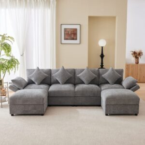 wohnli-moebel-suche-M26192577-1 Modulares Sofa aus Chenille grau mit 2 Hockern 284x86x157cm Stoff Grau Hauss Spole Sofas und Sessel Sofas Modulare Sofas