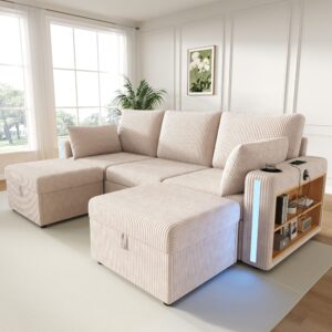 Modulares Sofa aus Cordstoff beige mit 2 Hockern 190x85x130cm Samt Beige Hauss Spole Sofas und Sessel Sofas Modulare Sofas