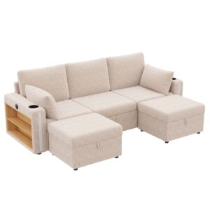 wohnli-moebel-suche-M26192581 Wohnli Möbelsuche - Modulares Sofa aus Cordstoff beige mit 2 Hockern