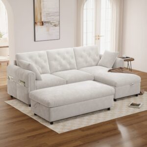 wohnli-moebel-suche-M26192583-1 Sofa aus Samt beige mit Chaise longue und Hocker 219x86x131cm PES - Polyester Beige Hauss Spole Sofas und Sessel Sofas Modulare Sofas