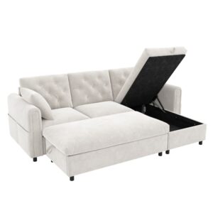 Wohnli Möbelsuche - Sofa aus Samt beige mit Chaise longue und Hocker