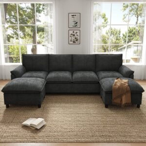 wohnli-moebel-suche-M26192584-1 Ecksofa aus Chenille schwarz mit 2 Hockern 265x84x143cm Stoff Schwarz Hauss Spole Sofas und Sessel Sofas Modulare Sofas