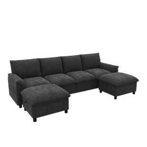 wohnli-moebel-suche-M26192584 Wohnli Möbelsuche - Ecksofa aus Chenille schwarz mit 2 Hockern
