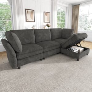 wohnli-moebel-suche-M26192585-1 Modulares Ecksofa aus Chenille grau mit Hocker 225x84x137cm Stoff Grau Hauss Spole Sofas und Sessel Sofas Modulare Sofas