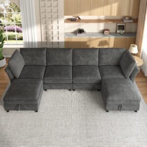 wohnli-moebel-suche-M26192586-1 Modulares Sofa aus Chenille grau mit 2 Hockern 289x84x137cm Stoff Grau Hauss Spole Sofas und Sessel Sofas Modulare Sofas