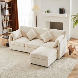 wohnli-moebel-suche-M26192587-1 Modulares Sofa aus Chenille beige mit Hocker und 4 Kissen 216x81x161cm Stoff Beige Hauss Spole Sofas und Sessel Sofas Modulare Sofas