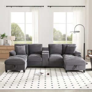 U-Form-Sofa aus Cordstoff grau 293x93x142cm Samt Grau Hauss Spole Sofas und Sessel Sofas Modulare Sofas