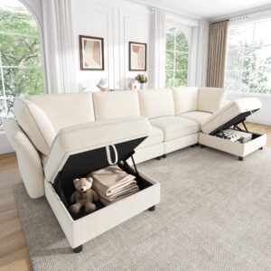 wohnli-moebel-suche-M26192593-1 Modulares Sofa aus Chenille beige mit 2 Hockern 289x84x137cm Stoff Beige Hauss Spole Sofas und Sessel Sofas Modulare Sofas