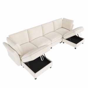 wohnli-moebel-suche-M26192593 Wohnli Möbelsuche - Modulares Sofa aus Chenille beige mit 2 Hockern