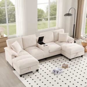 wohnli-moebel-suche-M26192594-1 Modulares U-Form-Sofa aus Cord beige mit Stauraum 293x93x142cm Samt Beige Hauss Spole Sofas und Sessel Sofas Modulare Sofas
