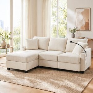 Ecksofa aus Cordstoff beige mit Hocker und USB 214x87x139cm Samt Beige Hauss Spole Sofas und Sessel Sofas Modulare Sofas