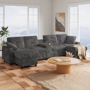 wohnli-moebel-suche-M26192599-1 U-Sofa aus Cordstoff grau mit 2 Hockern und Stauraum 315x81x135cm Samt Grau Hauss Spole Sofas und Sessel Sofas Modulare Sofas