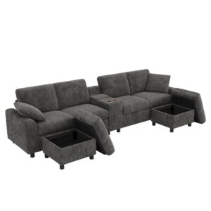 wohnli-moebel-suche-M26192599 Wohnli Möbelsuche - U-Sofa aus Cordstoff grau mit 2 Hockern und Stauraum