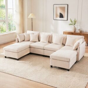 wohnli-moebel-suche-M26192600-1 Modulares Sofa aus Chenille beige mit 2 Hockern und 6 Kissen 278x81x161cm Stoff Beige Hauss Spole Sofas und Sessel Sofas Modulare Sofas
