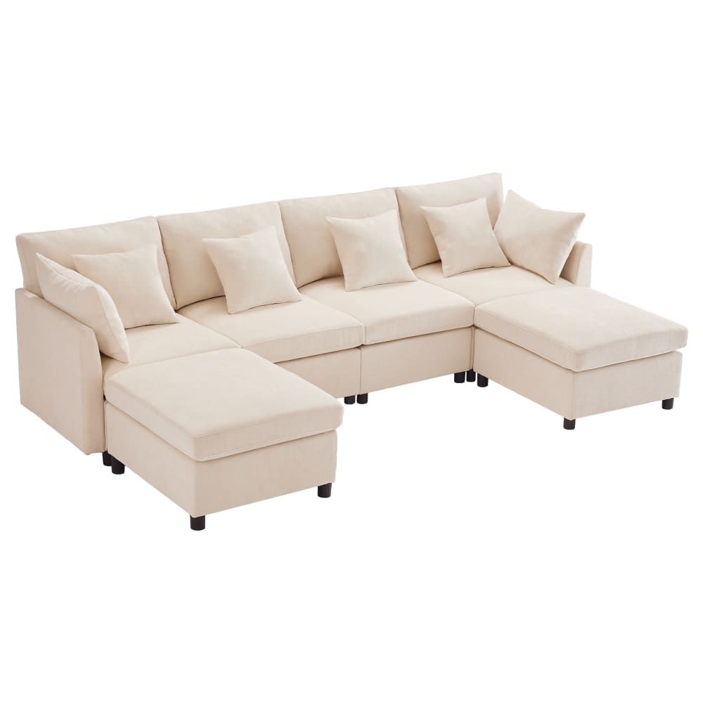 wohnli-moebel-suche-M26192600 Wohnli Möbelsuche - Modulares Sofa aus Chenille beige mit 2 Hockern und 6 Kissen