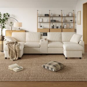 U-Form-Sofa aus Cord beige mit 2 Hockern 315x81x135cm Samt Beige Hauss Spole Sofas und Sessel Sofas Modulare Sofas
