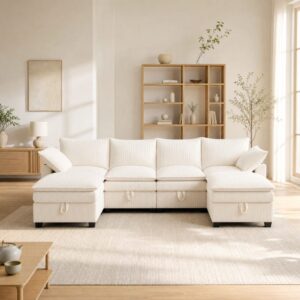 Modulares Sofa aus Cordstoff beige mit 2 Fußhockern 280x83x152cm Samt Beige Hauss Spole Sofas und Sessel Sofas Modulare Sofas