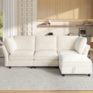 wohnli-moebel-suche-M26192612-1 Modulares Ecksofa aus Chenille beige mit Hocker 225x84x137cm Stoff Beige Hauss Spole Sofas und Sessel Sofas Modulare Sofas