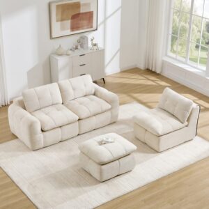 wohnli-moebel-suche-M26193667-1 3-Sitzer L-Form Modulsofa mit Hocker Chenille 264x160x68 cm Beige 264x68x160cm Stoff Beige MODFU Sofas und Sessel Sofas Modulare Sofas