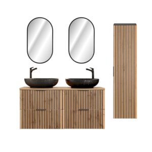 wohnli-moebel-suche-M26194165 Wohnli Möbelsuche - Set aus Doppelwaschtisch 120cm Melamin Holz in Eichenoptik und Schwarz