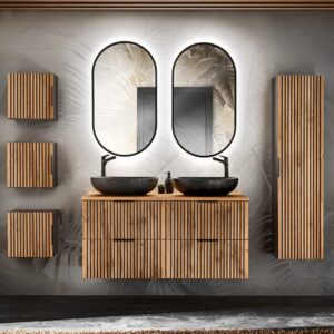 wohnli-moebel-suche-M26194169-1 Set aus Doppelwaschtisch 120cm Melamin Holz in Eichenoptik und Schwarz 121x59x46cm Spanplatte Schwarz Petits meubles Möbel Badezimmermöbel Waschtische