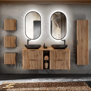 wohnli-moebel-suche-M26194170-1 Doppelwaschtisch 140cm 2 Nischen LED Melamin Holz in Eichenoptik 141x59x46cm Spanplatte Schwarz Petits meubles Möbel Badezimmermöbel Waschtische