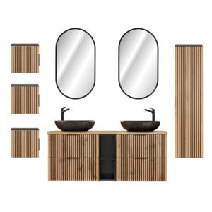 wohnli-moebel-suche-M26194170 Wohnli Möbelsuche - Doppelwaschtisch 140cm 2 Nischen LED Melamin Holz in Eichenoptik